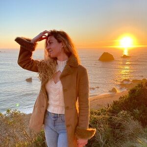 Women's Tan Coat with Fur Trim